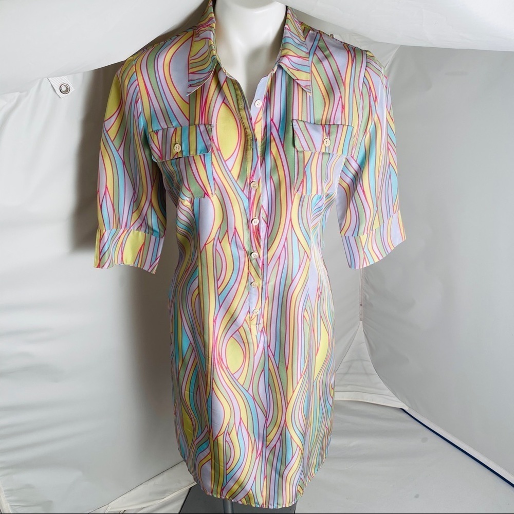Anthropologie multicolor silk retro pastel patterned shirt dress M